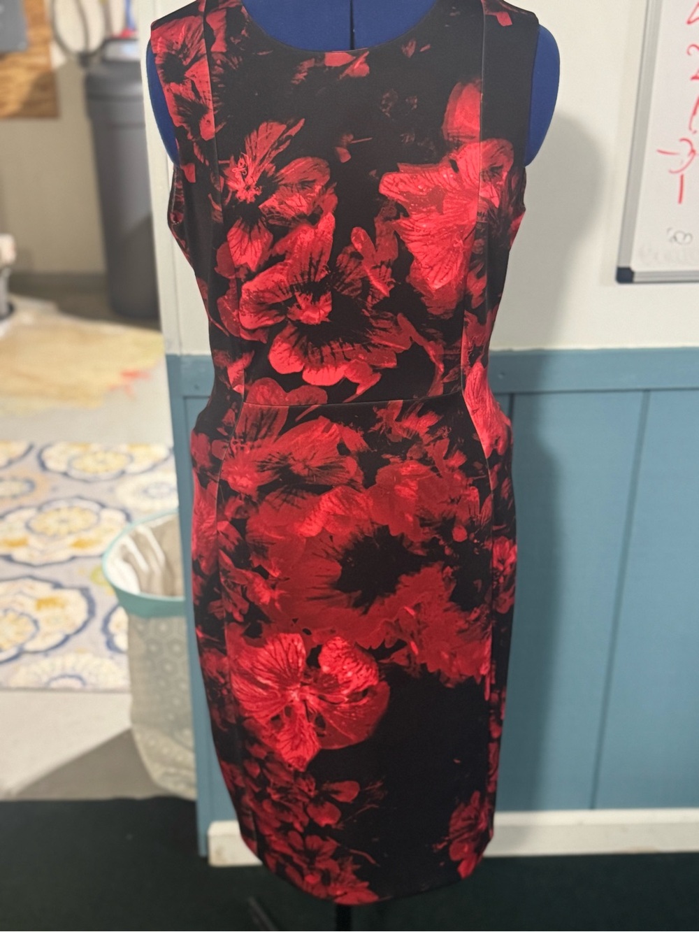 Calvin Klein Black Sheath Dress with Red Floral Prints